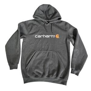 Carhartt Logo Hoodie Gray Loose Fit Pullover Sweatshirt Men’s Medium Workwear